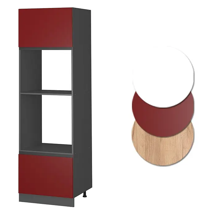 Vicco Mikrowellenschrank R-Line, Rot, 60 cm -  - Hoher dunkelgrauer Küchenschrank mit roten Türen und offenen Fächern. Inklusive Farbmuster für Weiß, Rot und Holz.