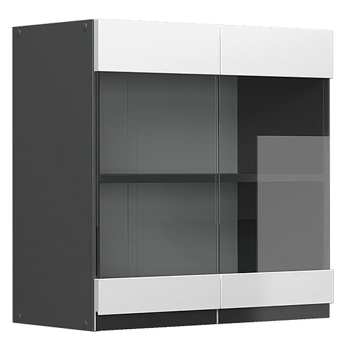 Vicco Schrankküche R-Line Weiß J-Shape - Weiß, Hängeglasschrank 60 cm grifflos - Wandvitrine mit dunkelgrauem Korpus, weißen Paneelen und zwei Glastüren.