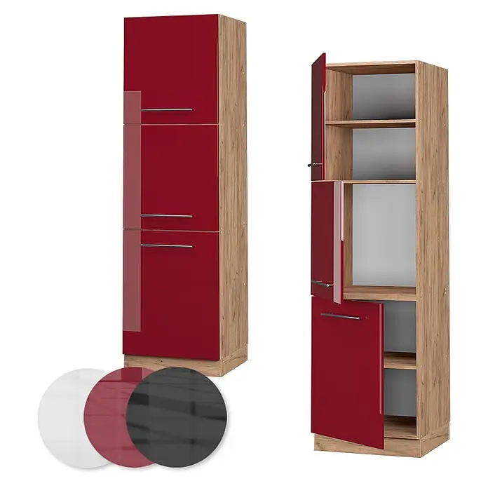 Vicco Schrankküche Fame-Line Bordeaux Hochglanz - Bordeaux Hochglanz, Vorratsschrank 60 cm Hoch - Hoher Küchenschrank mit glänzend roten Türen und heller Holzmaserung, geschlossen und offen mit Regalen. Farbmuster enthalten.