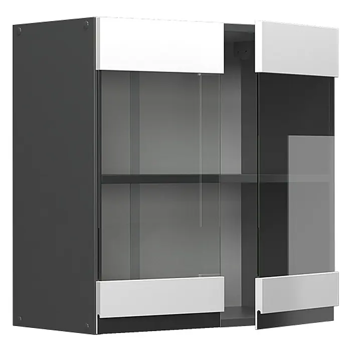 Vicco Schrankküche R-Line Weiß J-Shape - Weiß, Hängeglasschrank 60 cm grifflos - Dunkelgrauer Wandschrank mit zwei Glastüren und weißen Akzentblenden.