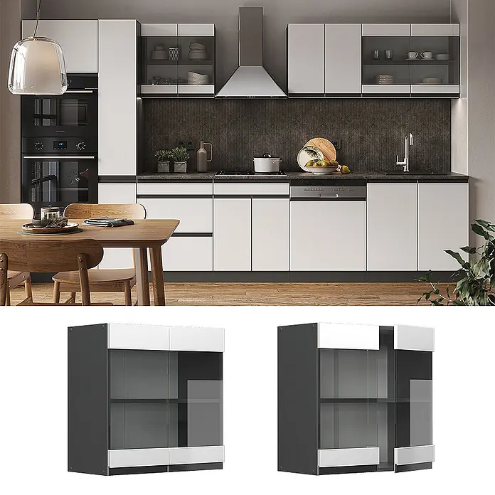 Vicco Schrankküche R-Line Weiß J-Shape - Weiß, Hängeglasschrank 60 cm grifflos - Grau-weißes Hängeschrank für die Küche mit Glastüren, ideal zur Präsentation und Aufbewahrung.