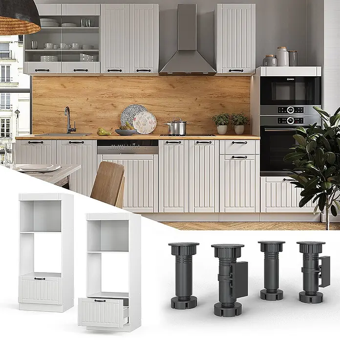 Vicco Schrankküche Fame-Line Weiß Landhaus offen - Weiß Landhaus, Mikrowellenumbauschrank 60 cm - Moderne weiße Küchenschränke mit geriffelten Türen, schwarzen Griffen, Holzrückwand und schwarzen verstellbaren Möbelfüßen. Weiße Regaleinheiten sind ebenfalls abgebildet.
