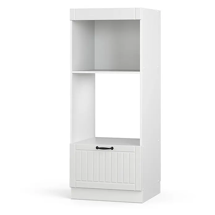 Vicco Schrankküche Fame-Line Weiß Landhaus offen - Weiß Landhaus, Mikrowellenumbauschrank 60 cm - Hoher weißer Küchenschrank mit offenen Regalen, einem Einbaugerätefach und einer gerillten Schublade mit schwarzem Griff.