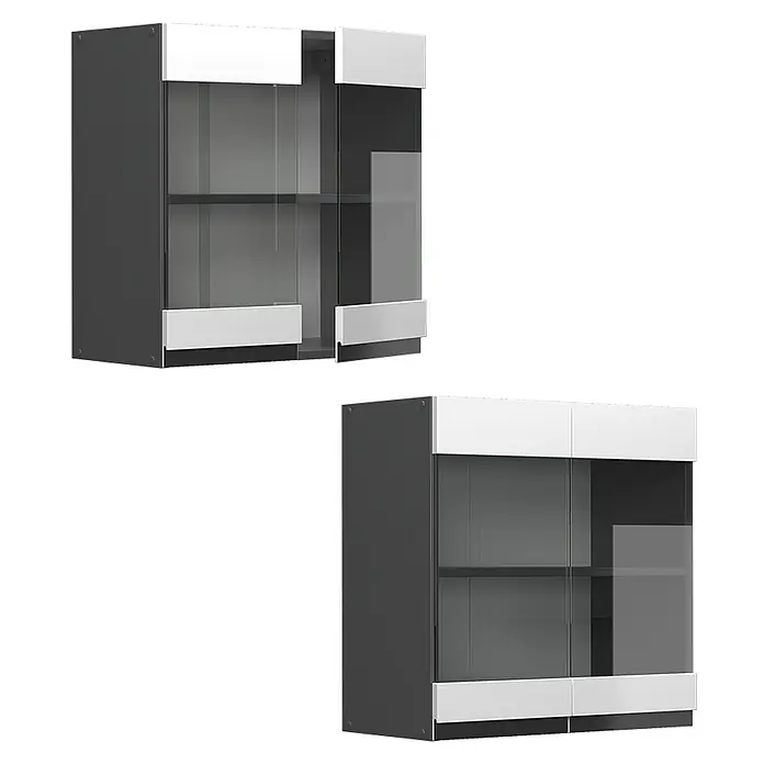 Vicco Schrankküche R-Line Weiß J-Shape - Weiß, Hängeglasschrank 60 cm grifflos - Zwei dunkelgraue und weiße Wandvitrinen mit Glastüren, eine offen dargestellt.