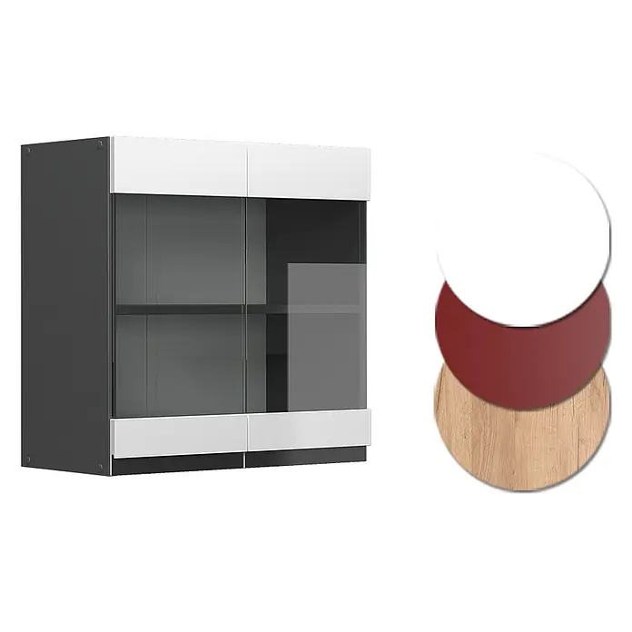 Vicco Schrankküche R-Line Weiß J-Shape - Weiß, Hängeglasschrank 60 cm grifflos - Moderne Vitrine mit dunkelgrauem Korpus, weißen Ober- und Unterpaneelen und Glastüren. Farbmuster: Weiß, Rotbraun und Holzoptik.