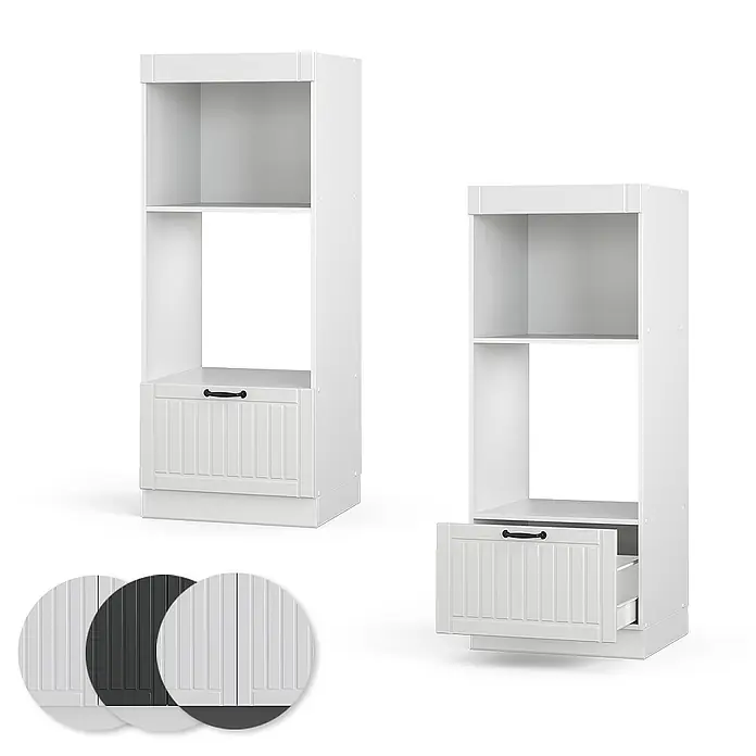 Vicco Schrankküche Fame-Line Weiß Landhaus offen - Weiß Landhaus, Mikrowellenumbauschrank 60 cm - Weißer hoher Küchenschrank mit Regalböden, Gerätefach und Schublade, offen und geschlossen gezeigt.