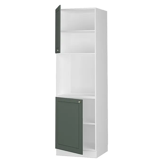Vicco Schrankküche Fame-Line Grün-Gold Landhaus offen - Grün-Gold Landhaus, Herdumbauschrank hoch 60 cm - Hoher, weißer Schrank mit Regalböden und zwei teilweise geöffneten, dunkelgrünen Flügeltüren oben und unten.