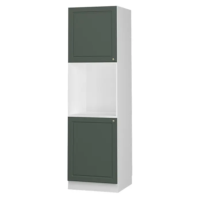 Vicco Schrankküche Fame-Line Grün-Gold Landhaus offen - Grün-Gold Landhaus, Herdumbauschrank hoch 60 cm - Weißer Hochschrank mit dunkelgrünen Rahmentüren oben und unten und einem offenen weißen Fach in der Mitte.