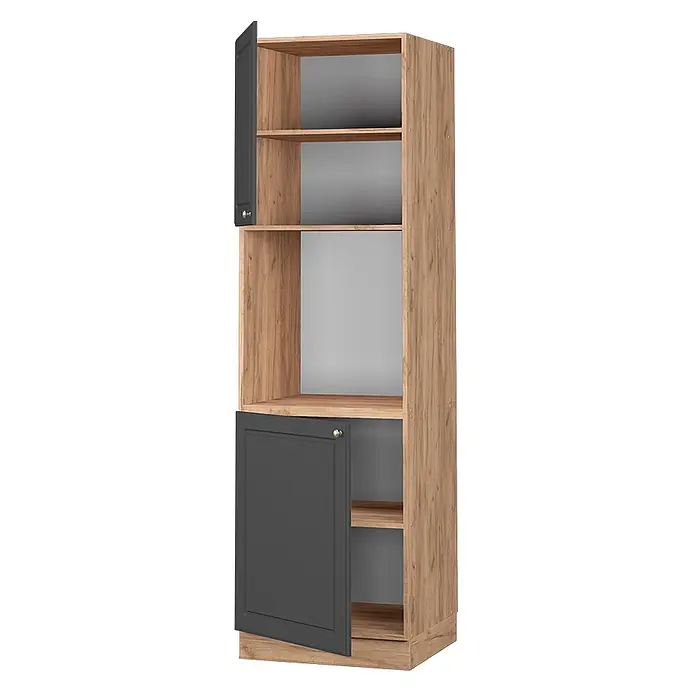 Vicco Schrankküche Fame-Line Anthrazit-Gold offen - Anthrazit-Gold, Herdumbauschrank hoch 60 cm offen - Hoher Schrank in heller Holzoptik mit dunkelgrauen Türen und sichtbaren Regalböden.