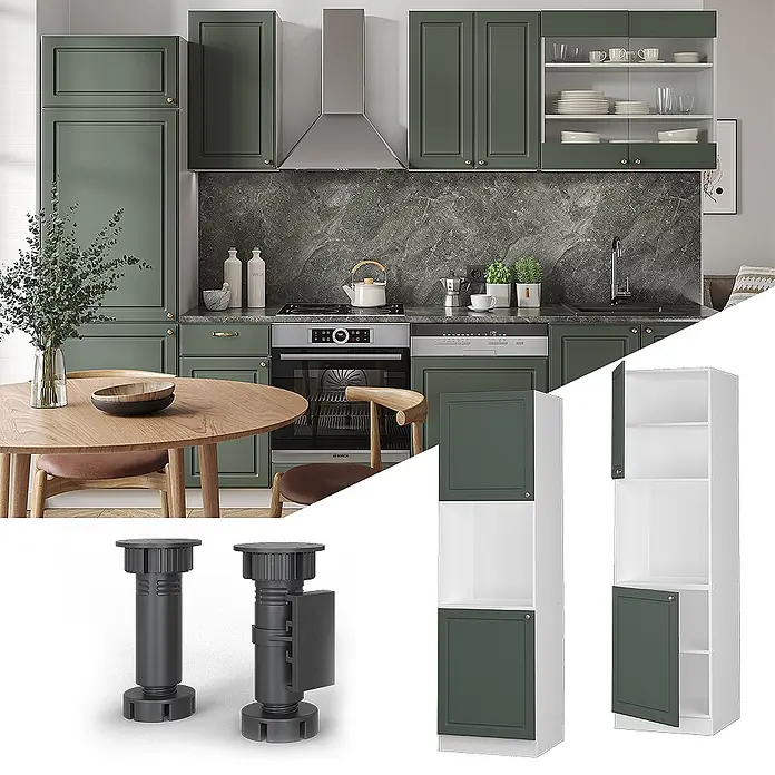 Vicco Schrankküche Fame-Line Grün-Gold Landhaus offen - Grün-Gold Landhaus, Herdumbauschrank hoch 60 cm - Dunkelgrüne Küchenschränke in einer modernen Küche, mit separaten Modulen und schwarzen verstellbaren Möbelfüßen.