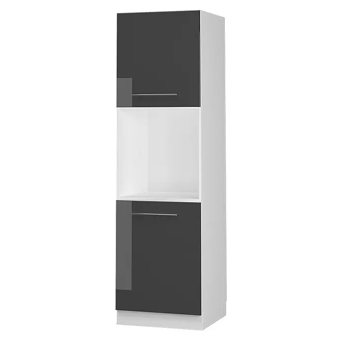 Vicco Schrankküche Fame-Line Anthrazit Hochglanz mit offenem Regal - Anthrazit Hochglanz, Herdumbauschrank hoch 60 cm - Hoher weißer Stauraumschrank mit dunkelgrauen Türen, offenem weißem Fach und Metallgriffen.