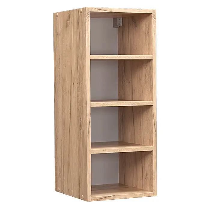 Vicco Schrankküche Fame-Line Goldkraft Eiche - Goldkraft Eiche, Regalhängeschrank 30 cm - Hohes, schmales Regal aus hellem Holz mit vier offenen Fächern und grauer Rückwand.