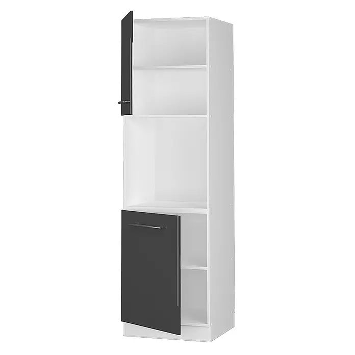 Vicco Schrankküche Fame-Line Anthrazit Hochglanz mit offenem Regal - Anthrazit Hochglanz, Herdumbauschrank hoch 60 cm - Hoher weißer Schrank mit zwei dunkelgrauen Türen und offenen Fächern.
