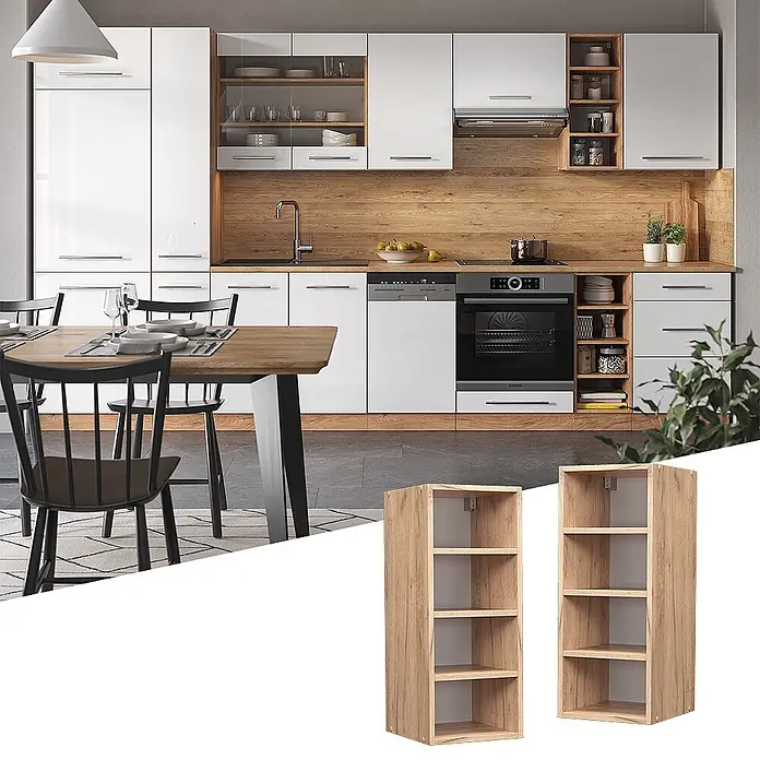 Vicco Schrankküche Fame-Line Goldkraft Eiche - Goldkraft Eiche, Regalhängeschrank 30 cm - Zwei helle Holzregale mit mehreren Fächern, separat abgebildet und in eine moderne Küche integriert.