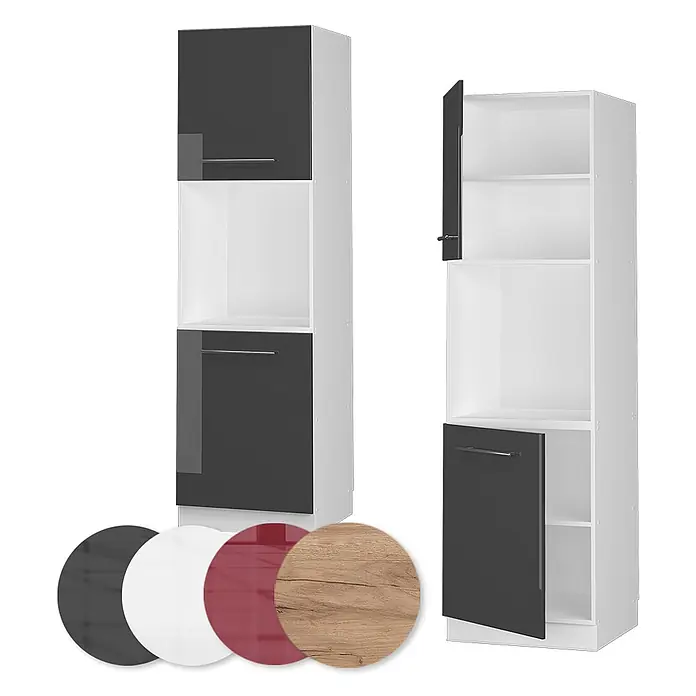 Vicco Schrankküche Fame-Line Anthrazit Hochglanz mit offenem Regal - Anthrazit Hochglanz, Herdumbauschrank hoch 60 cm - Hoher Küchenschrank mit weißem Korpus, dunkelgrauen Hochglanztüren und offenem Fach. Inklusive Farboptionen.