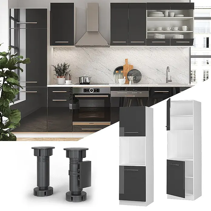 Vicco Schrankküche Fame-Line Anthrazit Hochglanz mit offenem Regal - Anthrazit Hochglanz, Herdumbauschrank hoch 60 cm - Moderne Küche mit schwarzen Hochglanzschränken, integrierten Geräten, sowie modularen Hochschränken und verstellbaren Füßen.