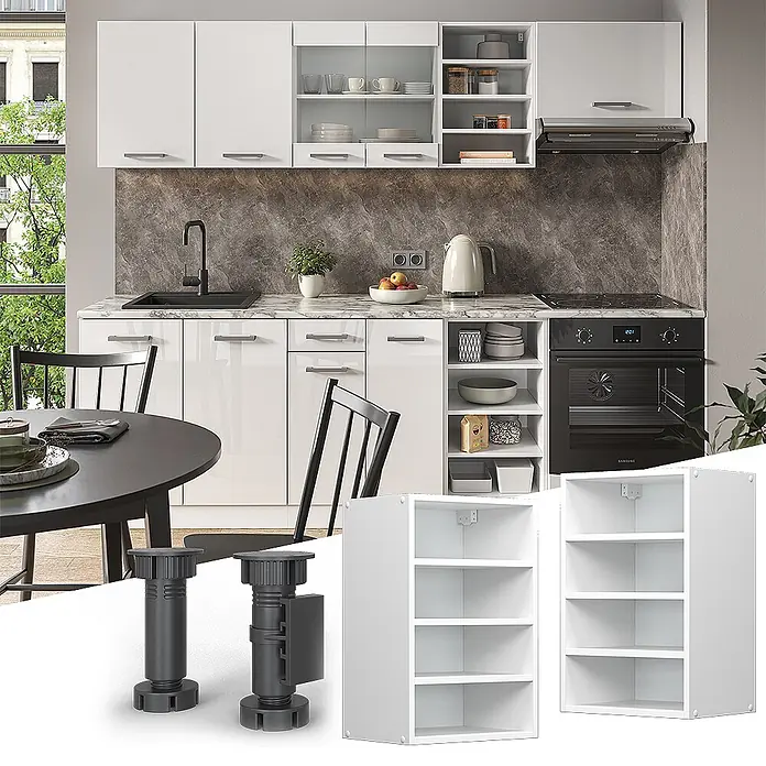 Vicco Schrankküche R-Line Weiß - Weiß, Regalhängeschrank 40 cm - Weiße Hochglanzküche mit dunkler Arbeitsplatte & Geräten. Verstellbare schwarze Möbelfüße & weiße Regale sind ebenfalls abgebildet.