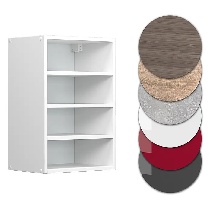Vicco Schrankküche R-Line Weiß - Weiß, Regalhängeschrank 40 cm - Weißes modulares Regal mit vier Fächern. Verschiedene Material- und Farboptionen als Muster dargestellt.