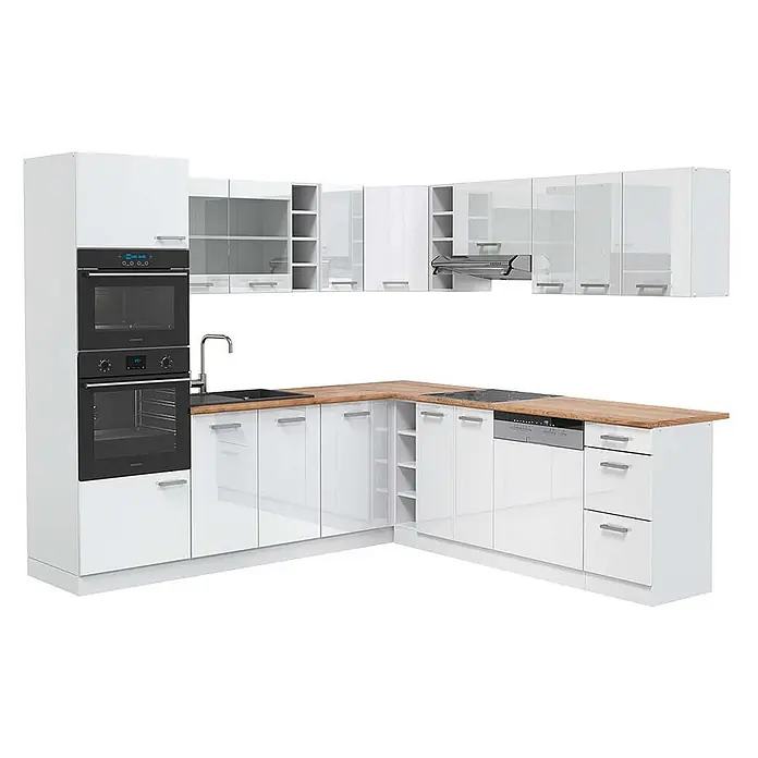 Vicco Eckküche R-Line Weiß Hochglanz/Weiß, AP Eiche - B x T: 247 x 60 cm, Weiß Hochglanz, Ohne Elektrogeräte - Moderne L-förmige Küche mit glänzenden weißen Schränken, Holztheken, eingebauten Öfen, Kochfeld, Spüle und Geschirrspüler.