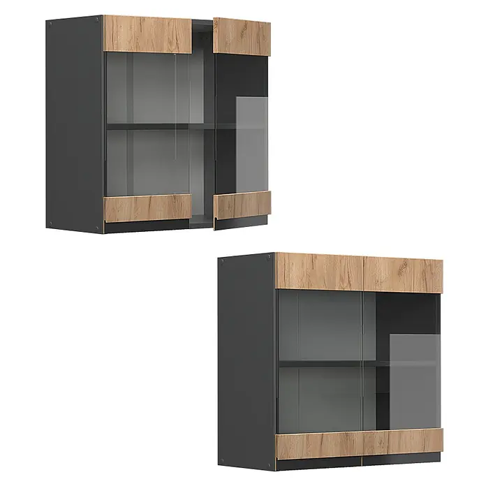 Vicco Schrankküche R-Line Goldkraft Eiche J-Shape - Goldkraft Eiche, Hängeglasschrank 60 cm grifflos - Dunkelgrauer Wandschrank mit Holzblenden oben/unten und Glastüren, mit zwei internen Regalböden.