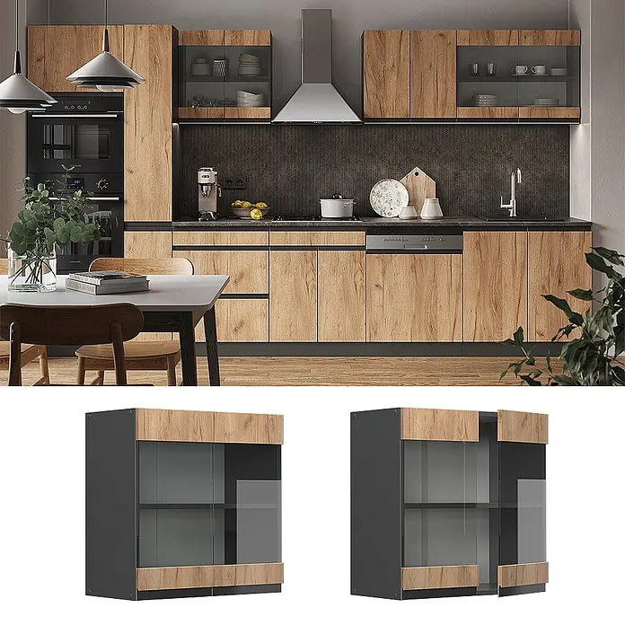 Vicco Schrankküche R-Line Goldkraft Eiche J-Shape - Goldkraft Eiche, Hängeglasschrank 60 cm grifflos - Moderne Küche mit Holzmaserungsschränken, dunklen Arbeitsplatten und integrierten Geräten. Oberschränke haben Glastüren.