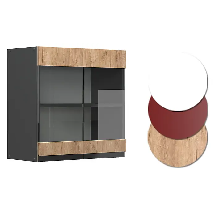 Vicco Schrankküche R-Line Goldkraft Eiche J-Shape - Goldkraft Eiche, Hängeglasschrank 60 cm grifflos - Zweitürige Vitrine mit dunkelgrauem Korpus, hellen Holzpaneelen und Glastüren zur Aufbewahrung und Präsentation.