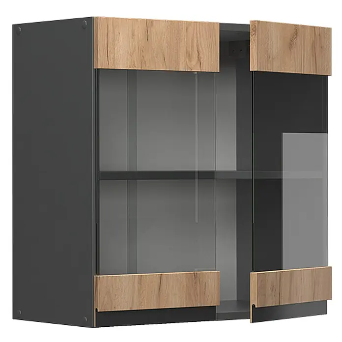 Vicco Schrankküche R-Line Goldkraft Eiche J-Shape - Goldkraft Eiche, Hängeglasschrank 60 cm grifflos - Dunkelgrauer Wandschrank mit zwei Glastüren, die oben und unten helle Holzpaneele haben. Die rechte Tür ist leicht geöffnet.
