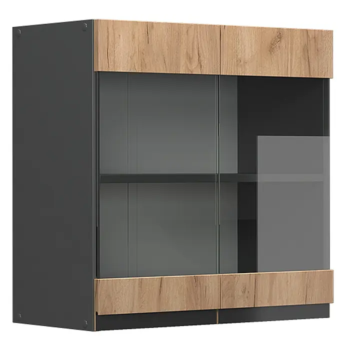Vicco Schrankküche R-Line Goldkraft Eiche J-Shape - Goldkraft Eiche, Hängeglasschrank 60 cm grifflos - Dunkelgrauer Vitrinenschrank mit Eicheneffekt und Glastüren.