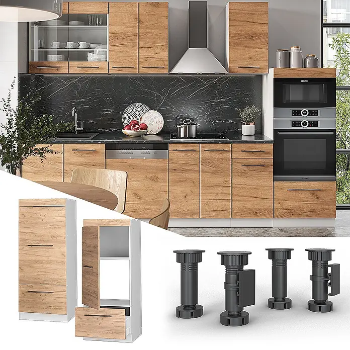 Vicco Schrankküche Fame-Line Goldkraft Eiche - Goldkraft Eiche, Mikrowellenschrank 60 cm (voll) - Modulare Küche: Holzoptik-Schränke, dunkle Arbeitsplatten, Einbaugeräte. Auch Hochschrank & schwarze verstellbare Füße.