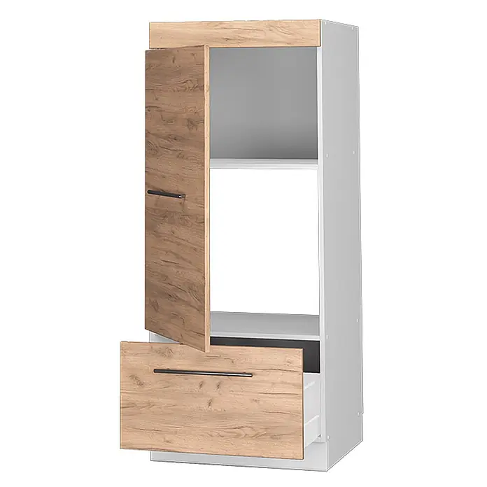 Vicco Schrankküche Fame-Line Goldkraft Eiche - Goldkraft Eiche, Mikrowellenschrank 60 cm (voll) - Weißer Schrank mit heller Holztür und Schublade, teilweise geöffnet, mit schwarzen Griffen und Innenregalen.