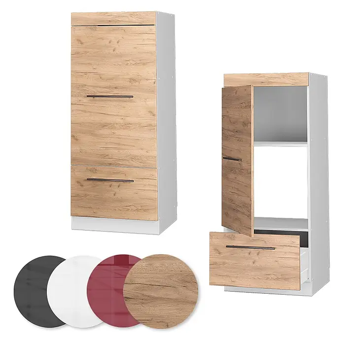 Vicco Schrankküche Fame-Line Goldkraft Eiche - Goldkraft Eiche, Mikrowellenschrank 60 cm (voll) - Hoher Schrank mit heller Holzmaserung an Türen/Schubladenfronten und weißem Korpus, geschlossen und geöffnet dargestellt. Farbmuster inklusive.