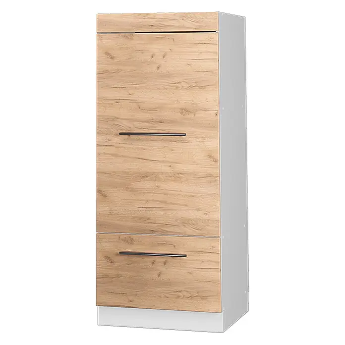 Vicco Schrankküche Fame-Line Goldkraft Eiche - Goldkraft Eiche, Mikrowellenschrank 60 cm (voll) - Hoher Küchenschrank in heller Holzoptik mit schwarzen Griffen und hellgrauen Seiten.