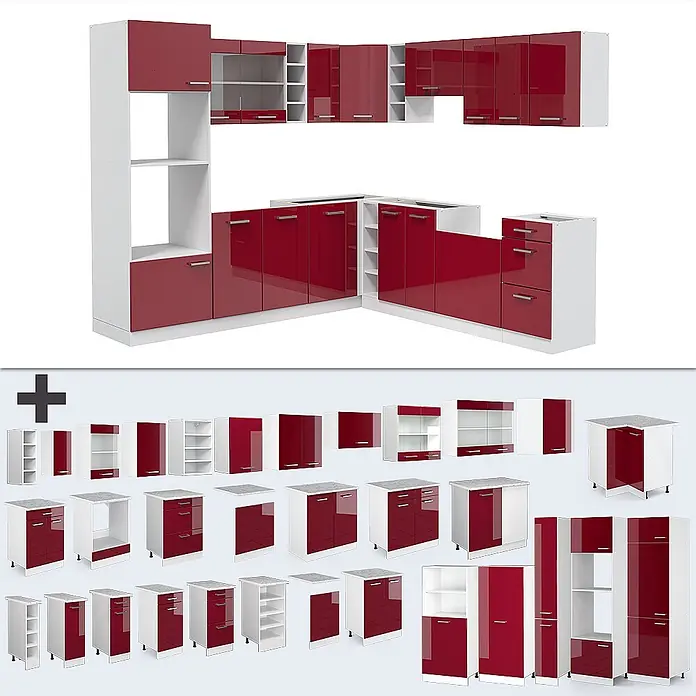 Vicco Eckküche R-Line Rot Hochglanz/Weiß, AP Anthrazit - B x T: 247 x 60 cm, Rot Hochglanz, Ohne Elektrogeräte - Modulares Küchenschrank-Set in Rot-Weiß Hochglanz, montiert und als Einzelmodule dargestellt.