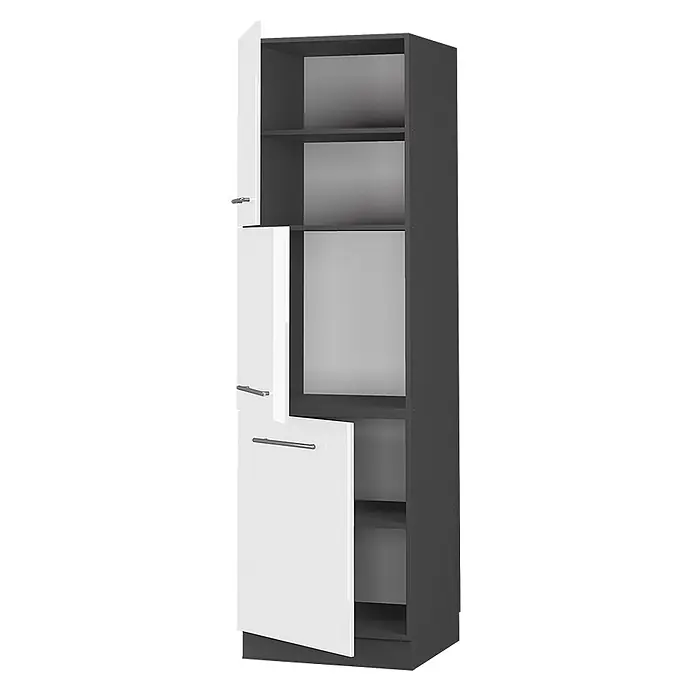 Vicco Schrankküche Fame-Line Weiß Hochglanz - Weiß Hochglanz, Herdumbauschrank hoch 60 cm - Hoher, schmaler dunkelgrauer Schrank mit drei weißen Türen, von denen zwei offen sind und Innenregale zeigen.