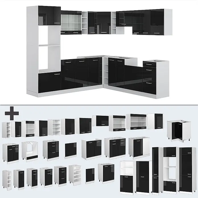 Vicco Eckküche R-Line Schwarz Hochglanz/Weiß, AP Eiche - B x T: 247 x 60 cm, Schwarz Hochglanz, Ohne Elektrogeräte - Modulare Küchenschränke in glänzendem Schwarz-Weiß, verschiedene Stauraummodule. Einzelne Komponenten unten gezeigt.