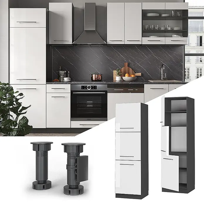 Vicco Schrankküche Fame-Line Weiß Hochglanz - Weiß Hochglanz, Herdumbauschrank hoch 60 cm - Moderne modulare Küche mit weißen Hochglanzschränken, dunkler Arbeitsplatte, integrierten Geräten, verstellbaren Füßen und hohem Hochschrank.