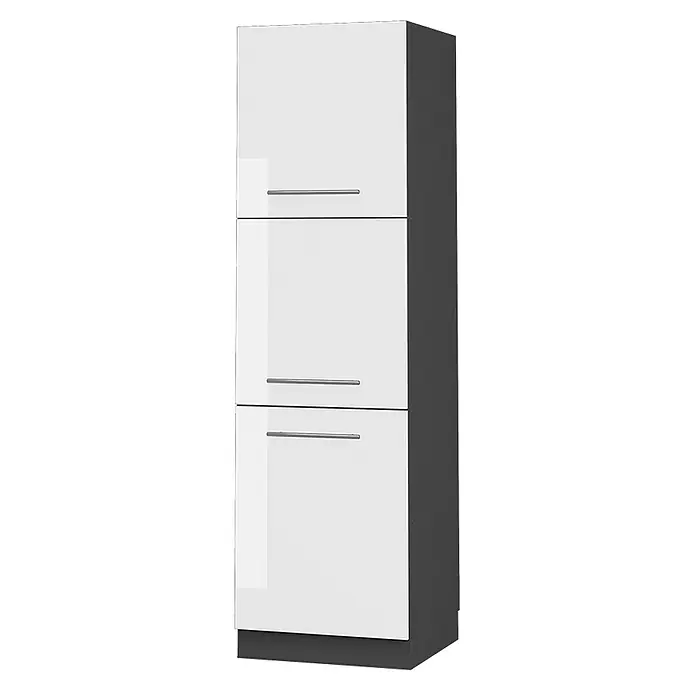 Vicco Schrankküche Fame-Line Weiß Hochglanz - Weiß Hochglanz, Herdumbauschrank hoch 60 cm - Hoher weißer Hochglanzschrank mit dunkelgrauen Seiten und Sockel, drei Türen mit silbernen Griffen.