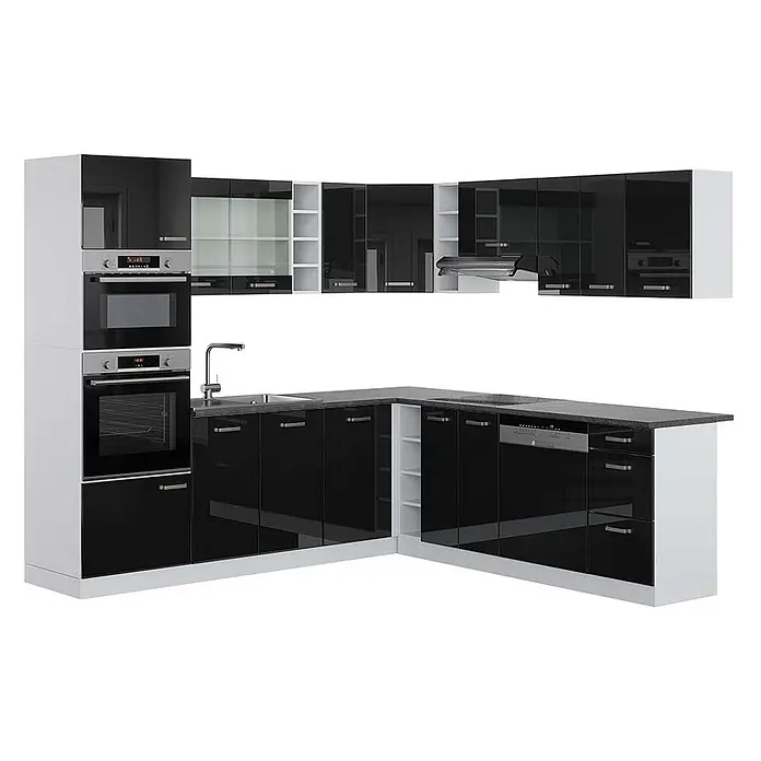 Vicco Eckküche R-Line Schwarz Hochglanz/Weiß, AP Anthrazit - B x T: 247 x 60 cm, Schwarz Hochglanz, Ohne Elektrogeräte - Moderne L-förmige Küche mit schwarzen Hochglanzschränken, weißen Akzenten, dunkler Arbeitsplatte und integrierten Geräten.