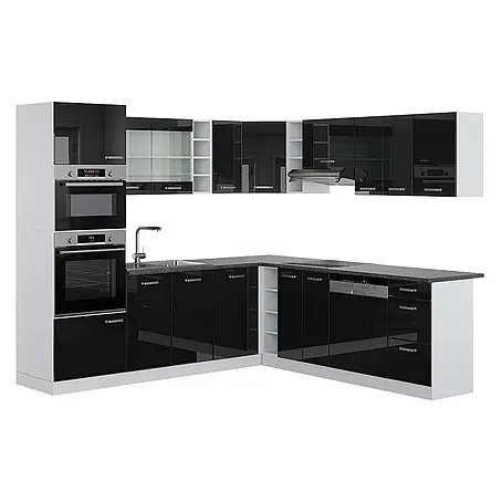 Vicco  Eckküche R-Line Schwarz Hochglanz/Weiß, AP Anthrazit