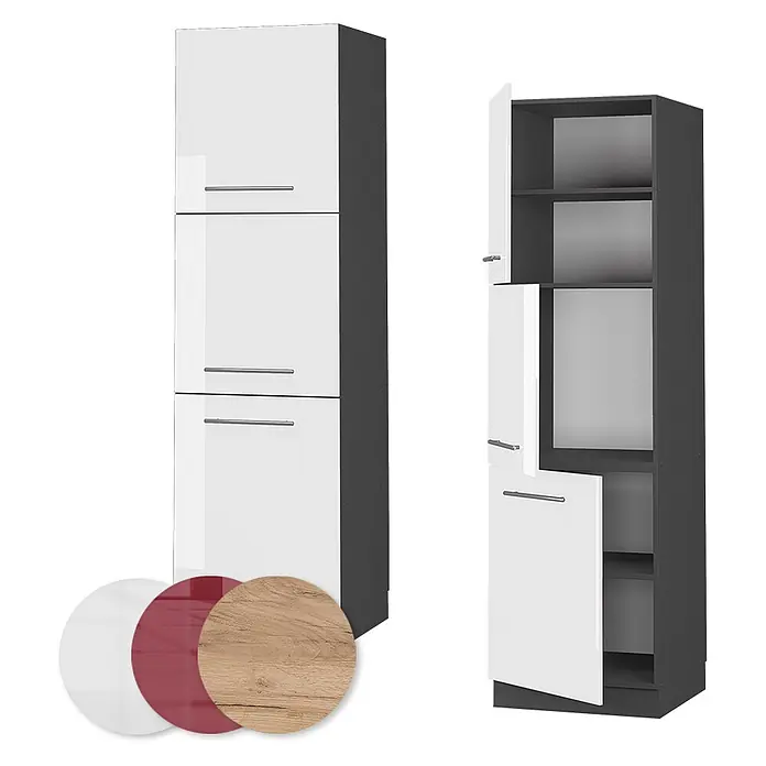 Vicco Schrankküche Fame-Line Weiß Hochglanz - Weiß Hochglanz, Herdumbauschrank hoch 60 cm - Hoher Hochschrank, dunkelgrauer Korpus, weiße Hochglanztüren mit silbernen Griffen. Geschlossen & offen mit Regalen gezeigt. Farbmuster: weiß, rot, Holzoptik.