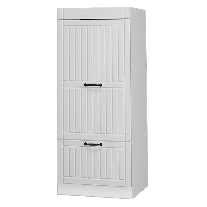Vicco Schrankküche Fame-Line Weiß Landhaus - Weiß Landhaus, Mikrowellenschrank 60 cm (voll) - Weißer Lamellen-Schuhschrank mit drei Klappfächern und schwarzen Griffen.