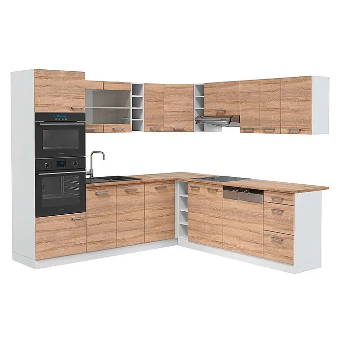 Vicco Eckküche R-Line Sonoma/Weiß, AP Eiche - B x T: 247 x 60 cm, Sonoma, Ohne Elektrogeräte - L-förmige Küche mit hellen Holzoptikfronten, weißen Akzenten und integrierten Backöfen, Kochfeld, Spüle, Geschirrspüler.