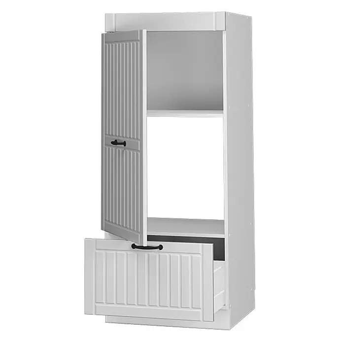 Vicco Schrankküche Fame-Line Weiß Landhaus - Weiß Landhaus, Mikrowellenschrank 60 cm (voll) - Weißer hoher Schrank mit geriffelten Türen und einer Schublade, beide teilweise geöffnet, mit schwarzen Griffen.