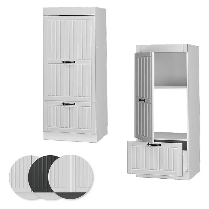 Vicco Schrankküche Fame-Line Weiß Landhaus - Weiß Landhaus, Mikrowellenschrank 60 cm (voll) - Weißer hoher Aufbewahrungsschrank mit Lamellentüren/-schubladen und schwarzen Griffen, geschlossen und offen gezeigt. Erhältlich in Weiß, Dunkelgrau und Hellgrau.