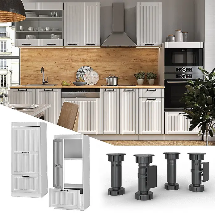Vicco Schrankküche Fame-Line Weiß Landhaus - Weiß Landhaus, Mikrowellenschrank 60 cm (voll) - Weiße geriffelte Küchenschränke mit schwarzen Griffen und schwarze verstellbare Schrankfüße.