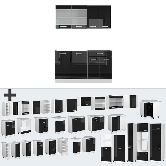Vicco Singleküche R-Line Schwarz Hochglanz/Weiß, AP Anthrazit - Breite: 140 cm, Schwarz Hochglanz, Mit AP Anthrazit - Modulare Küchenschränke in Schwarz-Weiß: Unter-, Ober- und Hochschränke mit verschiedenen Tür- und Schubladenoptionen.