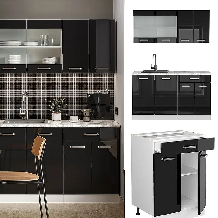 Vicco Singleküche R-Line Schwarz Hochglanz/Weiß, AP Anthrazit - Breite: 140 cm, Schwarz Hochglanz, Mit AP Anthrazit - Schwarze Hochglanz-Küchenschrank-Set mit weißer Marmor-Arbeitsplatte, Spüle und integriertem Kochfeld.