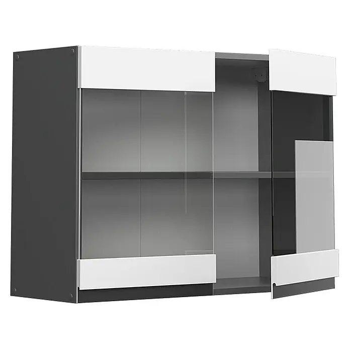 Vicco Schrankküche R-Line Weiß J-Shape - Weiß, Hängeglasschrank 80 cm grifflos - Dunkelgrauer Wandschrank mit weißer Blende und Glasschiebetüren, die Innenregale zeigen.