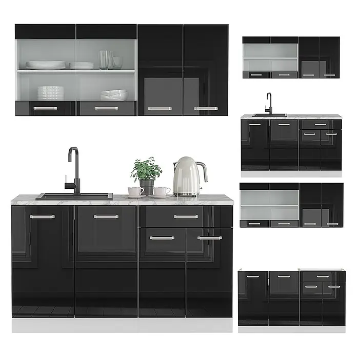 Vicco Singleküche R-Line Schwarz Hochglanz/Weiß, AP Anthrazit - Breite: 140 cm, Schwarz Hochglanz, Mit AP Anthrazit - Modulare Küchenschrank-Set in Schwarz Hochglanz mit weißer Marmorplatte, silbernen Griffen und Oberschränken mit Milchglas. Mit Spülbecken.