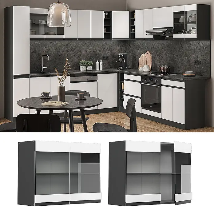 Vicco Schrankküche R-Line Weiß J-Shape - Weiß, Hängeglasschrank 80 cm grifflos - Moderne Küche mit weißen und dunkelgrauen Schränken; einige Hängeschränke haben Glasschiebetüren.